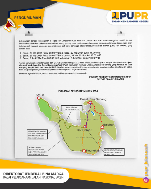 Perbaiki Titik Longsor, Jalan Cot Damar-KM Nol Ditutup