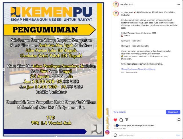Pengumuman Penutupan Sementara Jembatan Alue Lipah