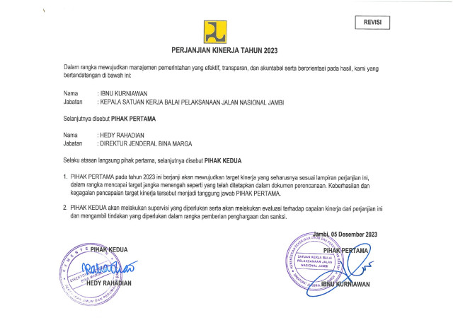 Revisi Perjanjian Kerja Balai Pelaksanaan Jalan Nasional Jambi Tahun 2023, 05 Desember 2023