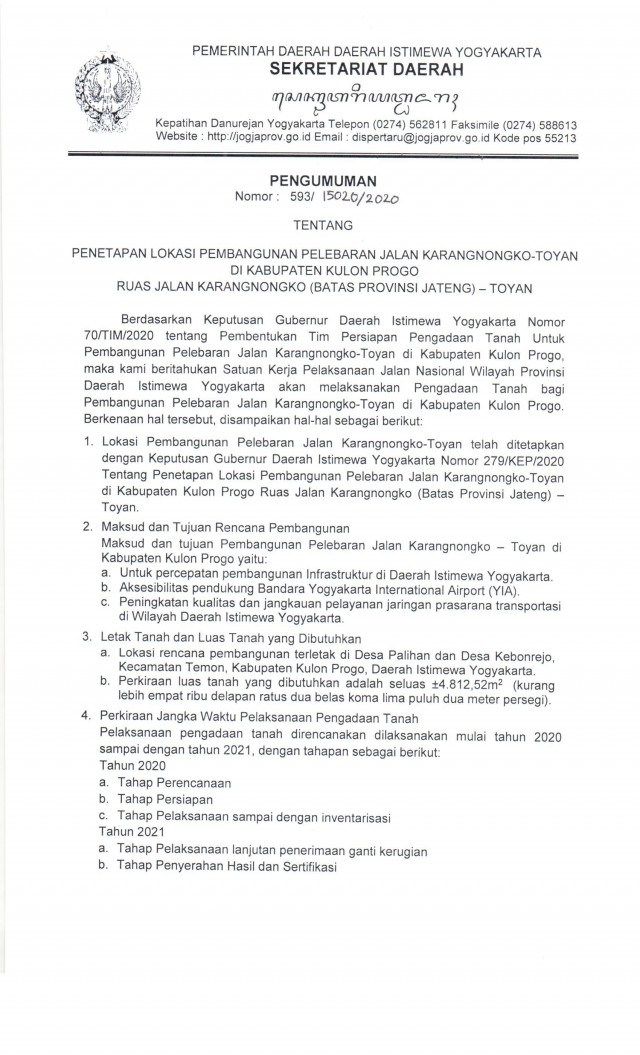 Penetapan Lokasi Pembangunan Pelebaran Jalan Karangnongko - Toyan (Kab. Kulon Progo)